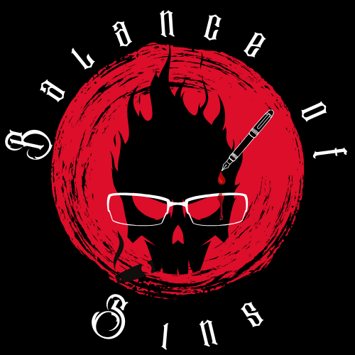 Balance of Sins logo featuring a stylized black skull with white glasses at the center of a circular red brushstroke. Flames emerge from the skull, and a smoking pen with a droplet of blood is embedded in the right side. The words 'Balance of Sins' curve around the circle in a gothic font on a black background, enhancing the eerie, horror-inspired theme.
