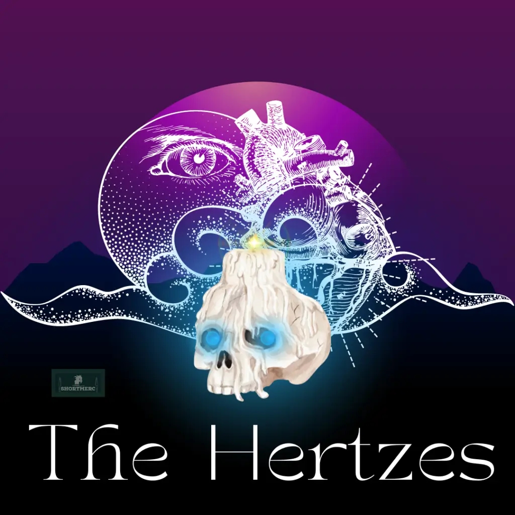 Surreal artwork with a glowing moon, anatomical heart, eye, and melting skull candle surrounded by abstract clouds. Text 'The Hertzes' below with the Shortmerc logo