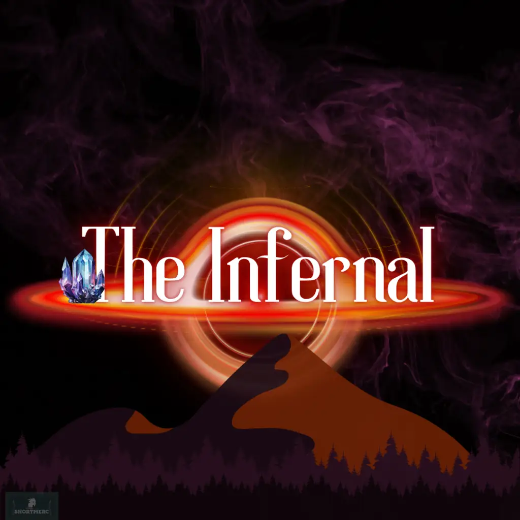 Dark, fiery scene with a black hole-like vortex and purple smoke. Text 'The Infernal' in white font, adorned with a crystal, with the Shortmerc logo.