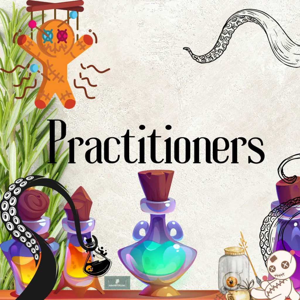 Whimsical illustration with a voodoo doll, potion bottles, and tentacles on a textured background. Text 'Practitioners' centered with the Shortmerc logo.
