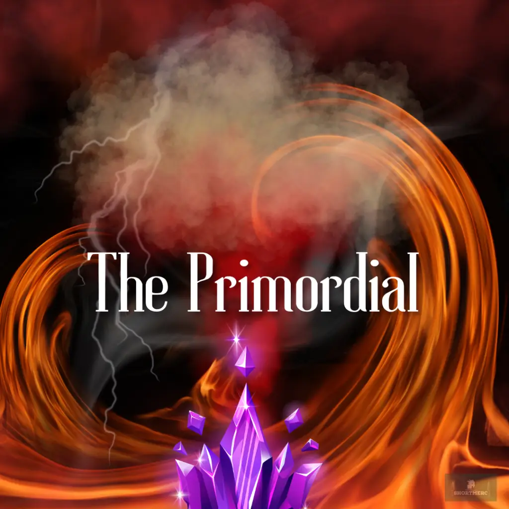Elemental scene with swirling fire, smoke, and lightning above a glowing purple crystal. Text 'The Primordial' in white font, with the Shortmerc logo.