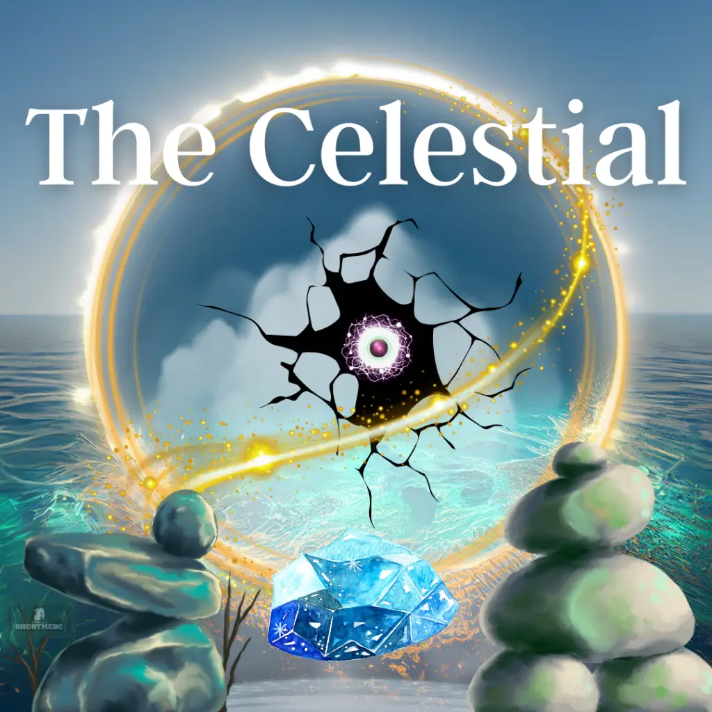 Cosmic scene with a cracked celestial sphere, glowing rings, and water. Text 'The Celestial' in white font, with the Shortmerc logo.