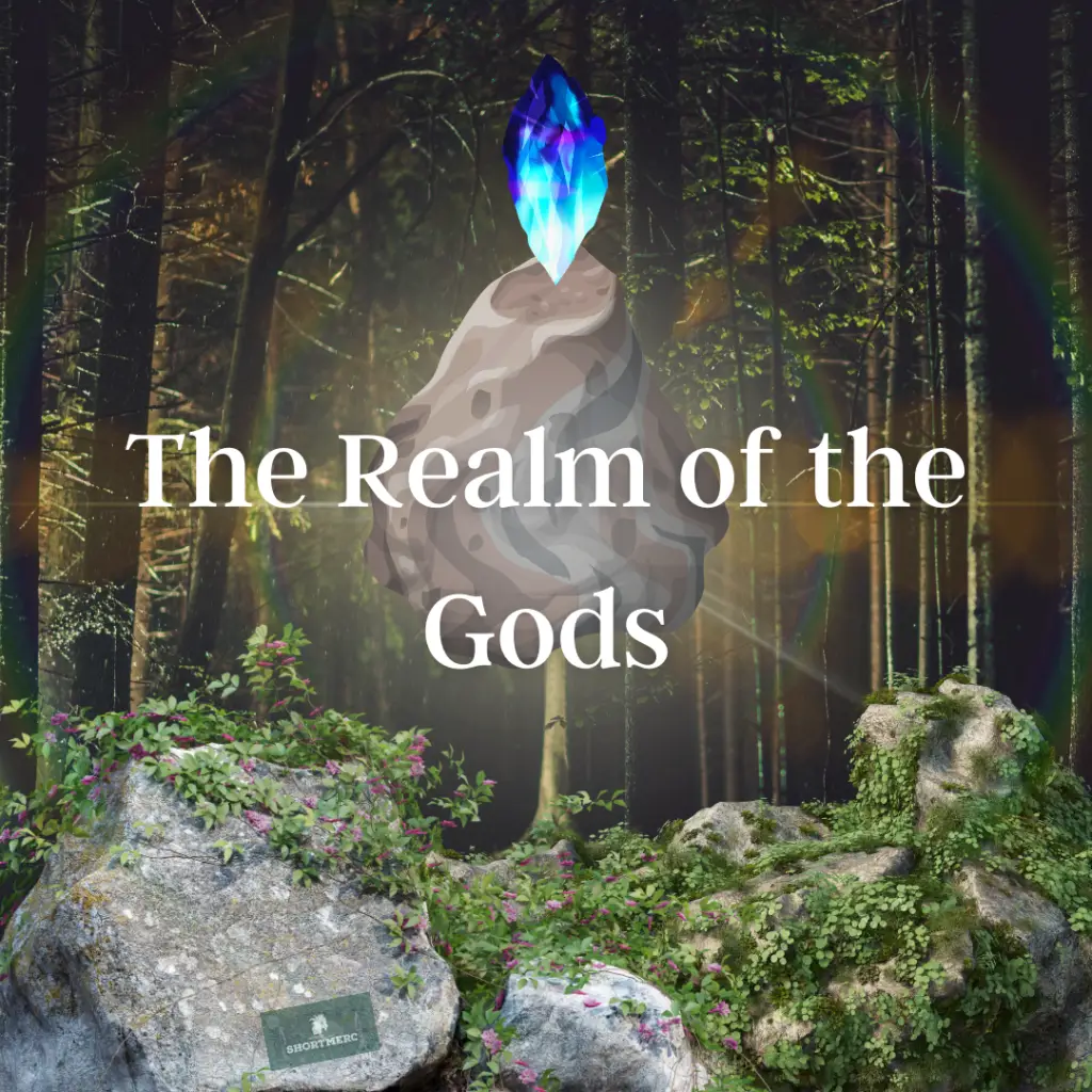 Enchanted forest scene with a glowing crystal atop a stone altar. Text 'The Realm of the Gods' in white font, with the Shortmerc logo.