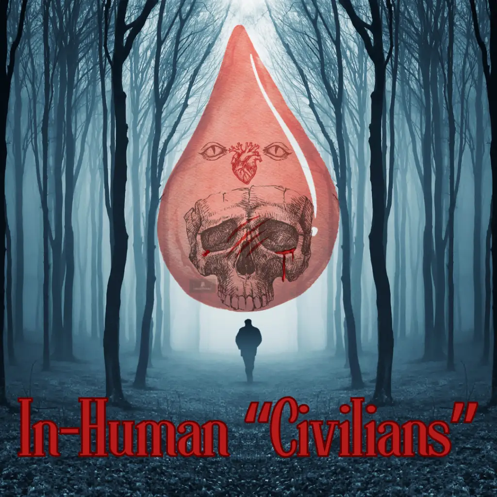 Eerie forest scene with a silhouette figure and a large blood drop containing a skull, eye, and heart. Text 'In-Human "Civilians"' below with the Shortmerc logo.